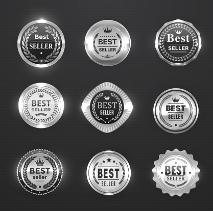 Best seller silver labels, awards and seal, medal badges. Best product, sale offer promotion realistic vector badges, stickers or round labels with chrome metal surface, laurel wreath and crowns