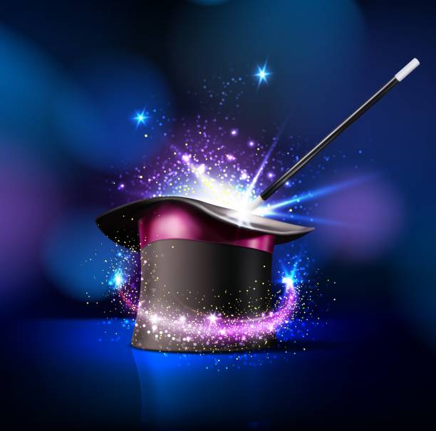 Circus magician top hat and magic wand trick Circus magician top hat and magic wand trick with sparkling light, vector background. Circus show or funfair carnival poster with magician illusionist or wizard cylinder cap and wand with magic shine magician stock illustrations