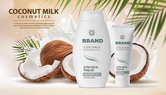 Coconut milk cosmetics promo banner. Skin care cream and shampoo bottles vector mockup with coconut broken shells, splashing with drops and swirls milk, white cream and palm tree leaves