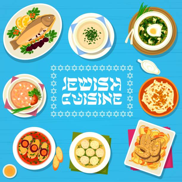 ilustrações, clipart, desenhos animados e ícones de restaurante de culinária judaica pratos vetor banner - matzo ball soup