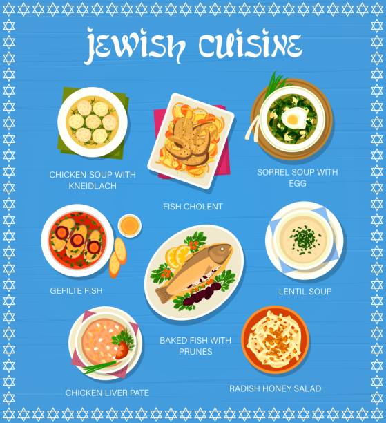 ilustrações, clipart, desenhos animados e ícones de cardápio vetorial de comida de restaurante de culinária judaica - matzo ball soup