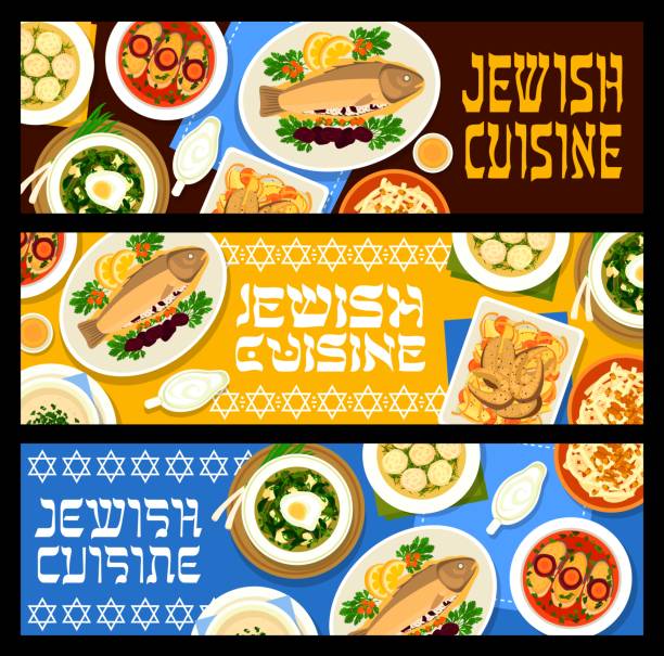 ilustrações, clipart, desenhos animados e ícones de comida judaica restaurante refeições vetor banners - matzo ball soup
