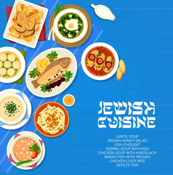 ilustrações, clipart, desenhos animados e ícones de bandeira vetorial de refeições de restaurante de cozinha judaica - matzo ball soup