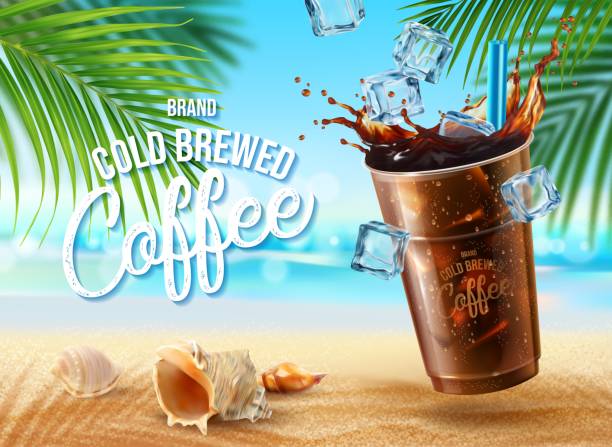 Cold brewed coffee cup with ice cubes and straw Cold brewed coffee cup with ice cubes, straw and splashes on summer beach sand, vector poster. Iced coffee drink of espresso or cappuccino, cafe bar advertising poster for fresh cold coffee beverage beach bar stock illustrations
