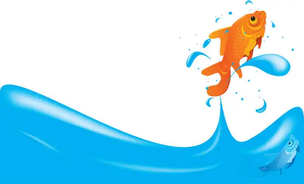 Vector illustration of Freedom, Goldfish jumping out of water, copy space