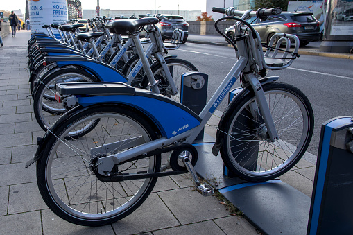 Munich, Bavaria, Germany, September 2021, bicycles from the MVG standing in there spots waiting for costumers