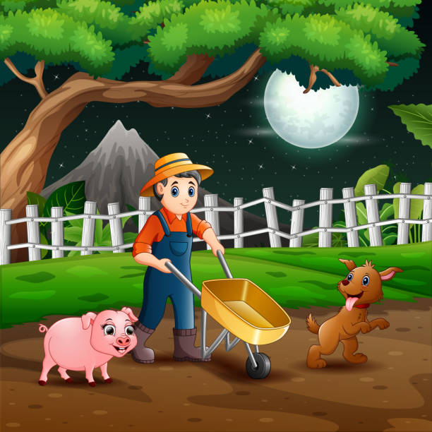 ilustrações de stock, clip art, desenhos animados e ícones de illustration of young farmer working at night - rainforest tropical rainforest forest moonlight