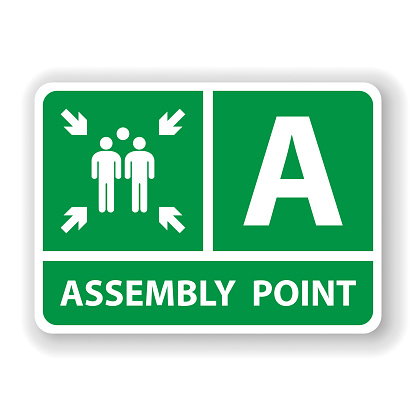 Fire assembly point sign, gathering point signboard, emergency evacuation vector for graphic design, logo, website, social media, mobile app, UI illustration