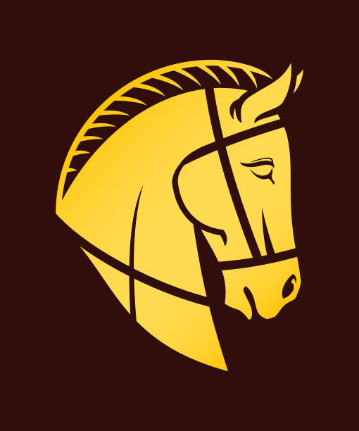 Horse head in horse bridle - cut out silhouette Golden horse head on dark background - cut out illustration for engraving, tattoo, chess, decoration and other design year of the horse stock illustrations