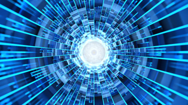 istock Sci-fi abstract tunnel with blue light beams and random panels. 3D rendered image. 1353923876