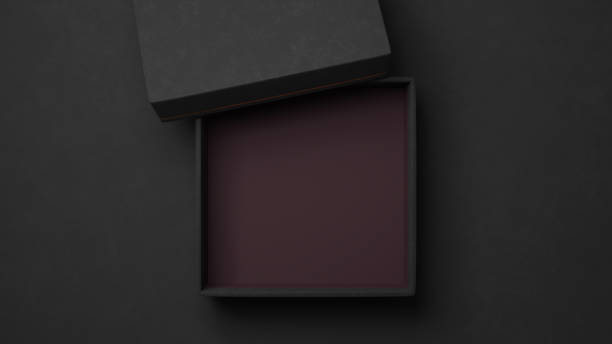 半分開いた正方形の黒い箱と蓋。ゴールデンラインの紙パッケージの豪華なモックアップ。3d レンダー イメージ - black box ストックフォトと画像