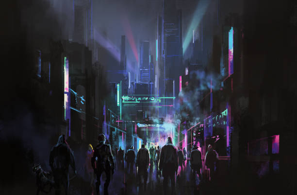 illustrations, cliparts, dessins animés et icônes de rue de ville futuriste de style cyberpunk, illustration 3d. - guerrier