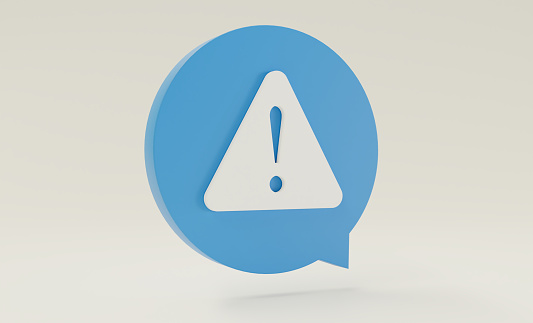 Triangular alert caution sign inside round chat bubble. 3D rendering illustration. Isolated.