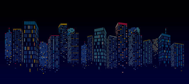 abstrakte nacht stadtbauszene, vektorillustration - hong kong skyline panoramic china stock-grafiken, -clipart, -cartoons und -symbole