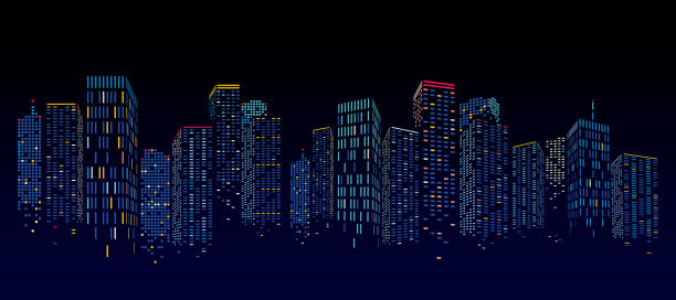 abstract night city building scene, vector illustration - hong kong 幅插畫檔、美工圖案、卡通及圖標