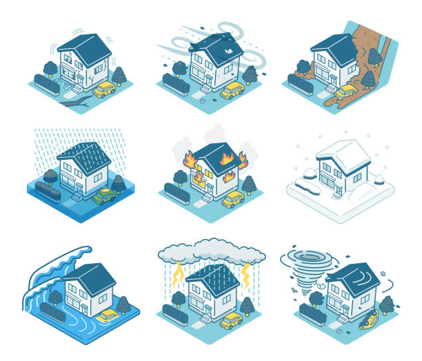 Housing disaster illustration set Isometric illustration of a residential disaster flooded home stock illustrations