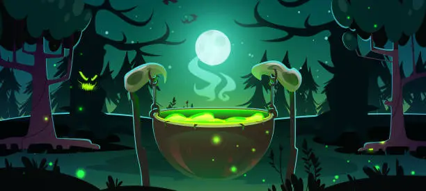 Vector illustration of Witch cauldron in night forest Halloween scene