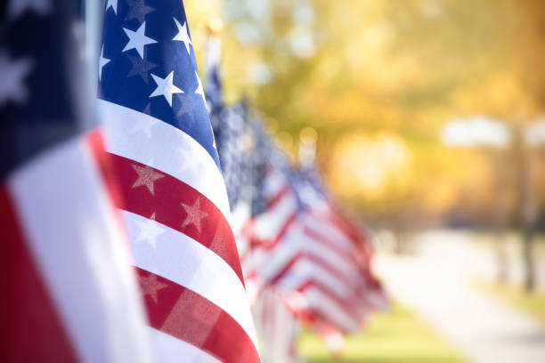 Closeup of an American flag in a row Closeup of an American flag in a row. Memorial day, Independence day, Veterans day, patriotic concept. Copy space. american flag stock pictures, royalty-free photos & images