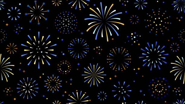 Fireworks seamless background Vector firework background. Carefully layered and grouped for easy editing. This illustration is designed to make a smooth seamless pattern if you duplicate it vertically and horizontally to cover more space. fireworks stock illustrations