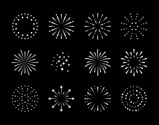 illustrazioni stock, clip art, cartoni animati e icone di tendenza di fuochi d’artificio. set di icone petardi per anniversario, capodanno, festeggia, festival. design piatto su sfondo nero. - isolated on black illustrations