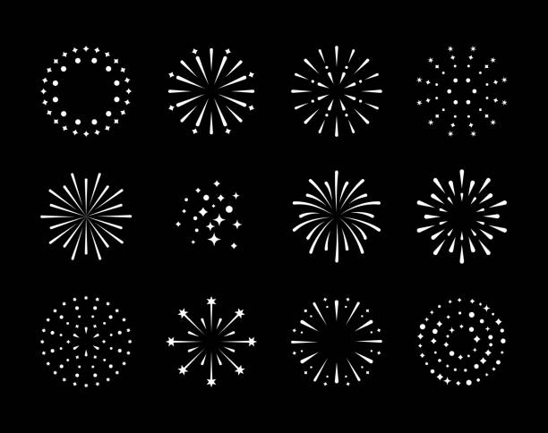sztuczne ognie. zestaw ikon petard na rocznicę, nowy rok, świętowanie, festiwal. płaska konstrukcja na czarnym tle. - fireworks stock illustrations