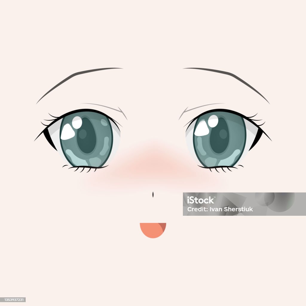 Vetores de Cara De Anime Feliz Manga Estilo Grandes Olhos Verdes Nariz  Pequeno E Boca Kawaii Ilustração Vetorial Desenhada À Mão Isolado Em Branco  e mais imagens de Beleza - iStock