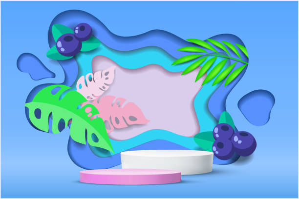 istock 3D white cylinder pedestal podium with Paper cut style illustrator elements of fruit on background. 1353939111