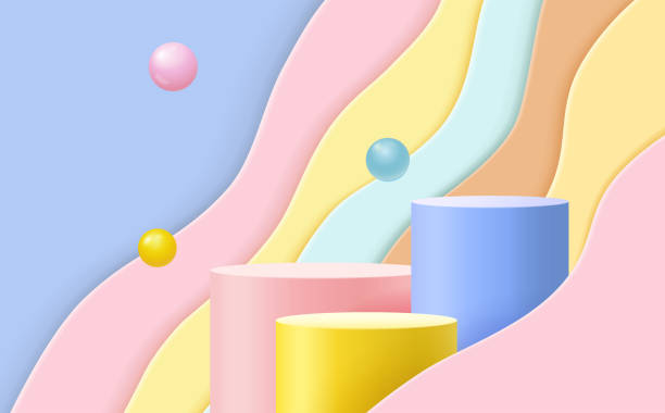 istock Abstract scene background. Cylinder podium on pink, blue, yellow background. Product presentation, mock up, show cosmetic product, Podium, stage pedestal or platform. 1353939134