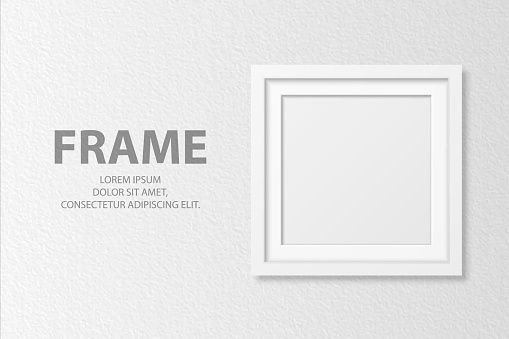 Vector 3d Realistic Blank White Square Wooden Simple Modern Frame on White Textured Wall Background. It Can Be Used for Presentations. Design Template for Mockup, Front View.