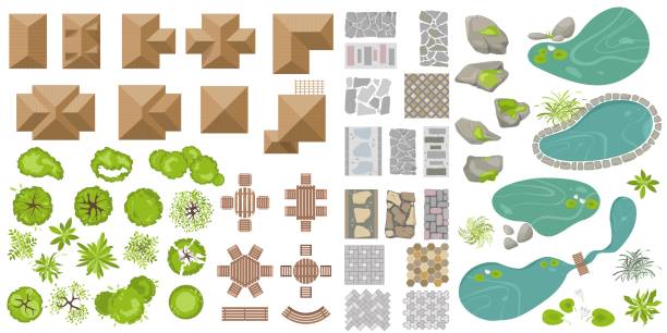 건축 및 가로 요소 상단 보기를 설정합니다. 주택, 정원 식물, 나무, 연못, 야외 가구, 보도 타일, 테이블, 벤치, 조경 디자인의 의자 컬렉션. 벡터. 위 보기 - backyard stock illustrations