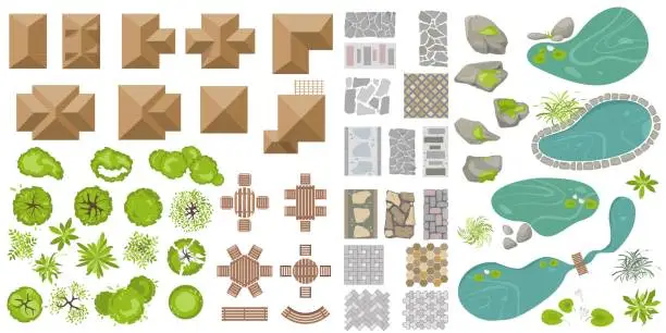 Vector illustration of Set Architectural and Landscape elements top view. Collection of houses, garden plants, trees, ponds, outdoor furniture, footpath tile, tables, benches, chairs for landscape design. Vector. View above