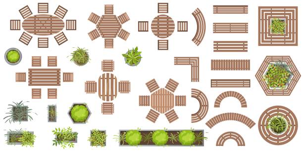 illustrations, cliparts, dessins animés et icônes de ensemble de meubles en bois vectoriel, de bancs et de plantes en pots pour la vue de dessus de l’aménagement paysager. collection d’éléments architecturaux pour les projets. table, chaise, banc, pot, herbe, arbre à plat - tree plan aerial view landscape