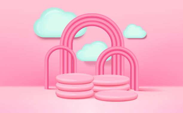 istock 3D rendering podium kid style with pink color background, clouds and empty space for kids or baby product