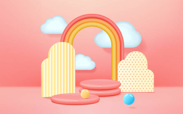 istock 3D rendering podium kid style with colorful pastel background, clouds and weather with space for kids or baby product