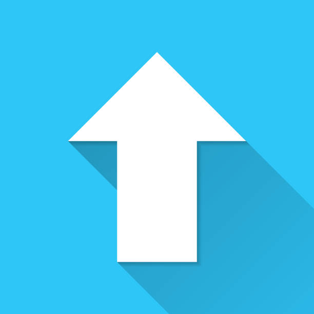 화살표를 위로 합니다. 파란색 배경아이콘 - 긴 그림자가 있는 플랫 디자인 - moving up arrow sign interface icons three dimensional shape stock illustrations