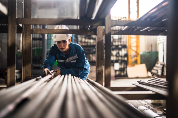 Female Steel Factory Worker at work stock photo