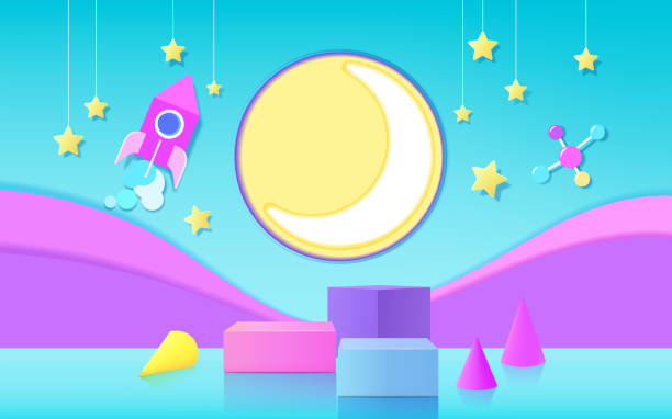 istock 3d render podium with space shuttle concept background for kids or baby product display. 1353948593