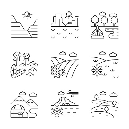 Biomes and landforms linear icons set. Dry and moist climate zones. Northern and southern regions. Customizable thin line contour symbols. Isolated vector outline illustrations. Editable stroke