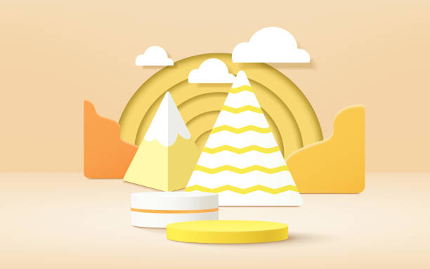 istock 3d product podium, pastel color background, clouds, weather with empty space for kids or baby product. 1353951227