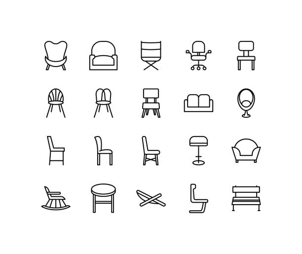 ilustraciones, imágenes clip art, dibujos animados e iconos de stock de conjunto de iconos de línea plana de la silla. elementos interiores del hogar y la oficina: muebles, asiento, sillón, sofá, sofá. ilustración vectorial plana simple para sitio web o aplicación móvil - chair