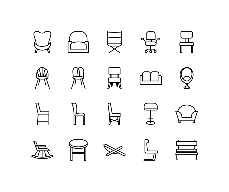 Chair flat line icons set. Home and office interior elements -furniture, seat, armchair, sofa, settee. Simple flat vector illustration for web site or mobile app.