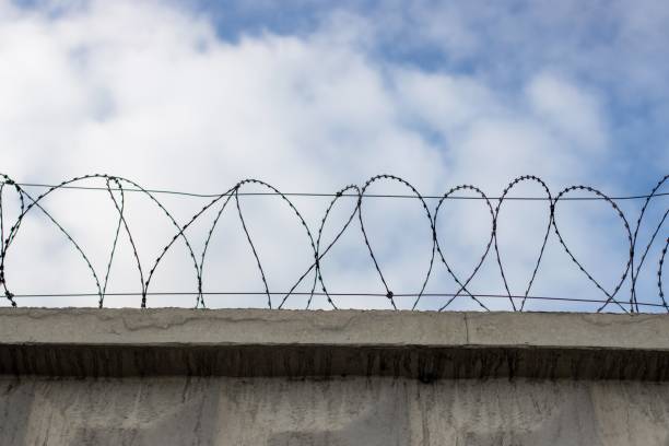 barbed wire on a concrete fence for fencing the seaport barbed wire on a concrete fence for fencing the seaport barbed wire wire factory sky stock pictures, royalty-free photos & images