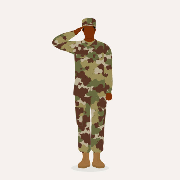 Black Man US Army Soldier Saluting. Black Man US Army Soldier With Military Uniform Standing And Saluting. Full Length, Isolated On Solid Color Background. Vector, Illustration, Flat Design, Character. soldier stock illustrations