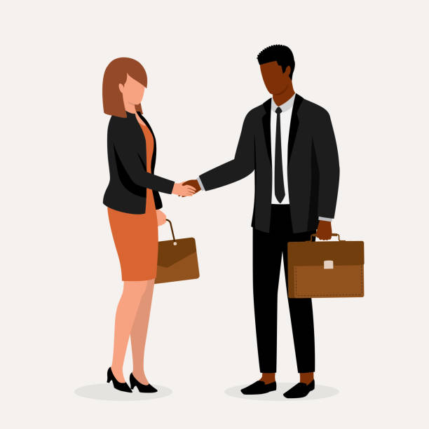 ilustraciones, imágenes clip art, dibujos animados e iconos de stock de socio comercial diverso que hace un trato comercial. - businessman two people business person handshake