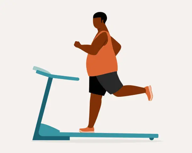 Vector illustration of Black Overweight Man Running On A Treadmill.