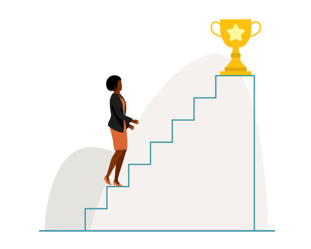 black woman in leadership and success concept. black businesswoman walking up the stairway to reach the trophy. - 成功之梯 插圖 幅插畫檔、美工圖案、卡通及圖標