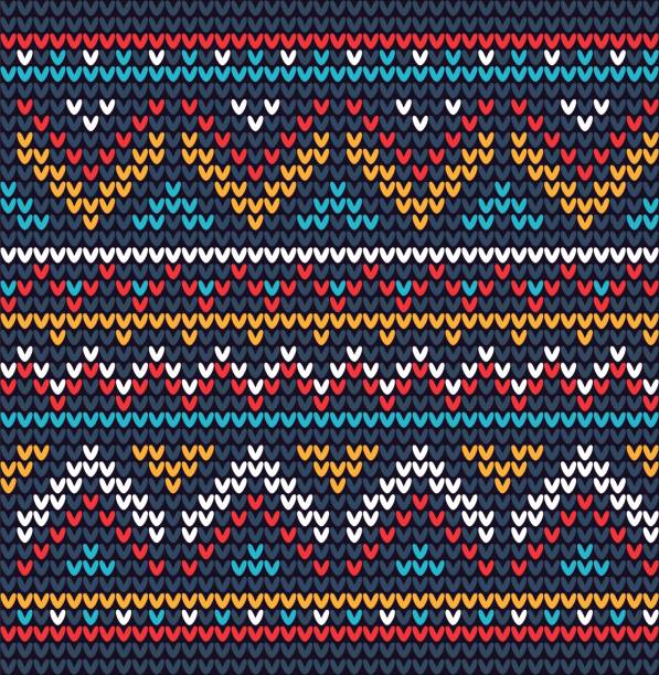 illustrations, cliparts, dessins animés et icônes de motif tricoté sans couture avec des ornements folkloriques - knitting vertical striped textile