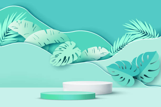 istock 3D cylinder pedestal podium with Paper cut style illustrator elements of leaf on background. 1353955946