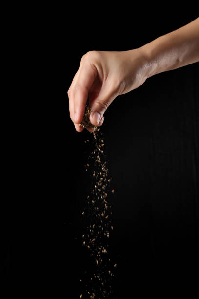 istock Hand sprinkling oregano isolated on black background 1353957154