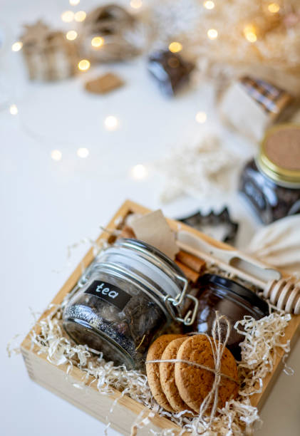 istock Preparing self care package. Seasonal gift box with items for coffee drinking. Copy space 1353958115
